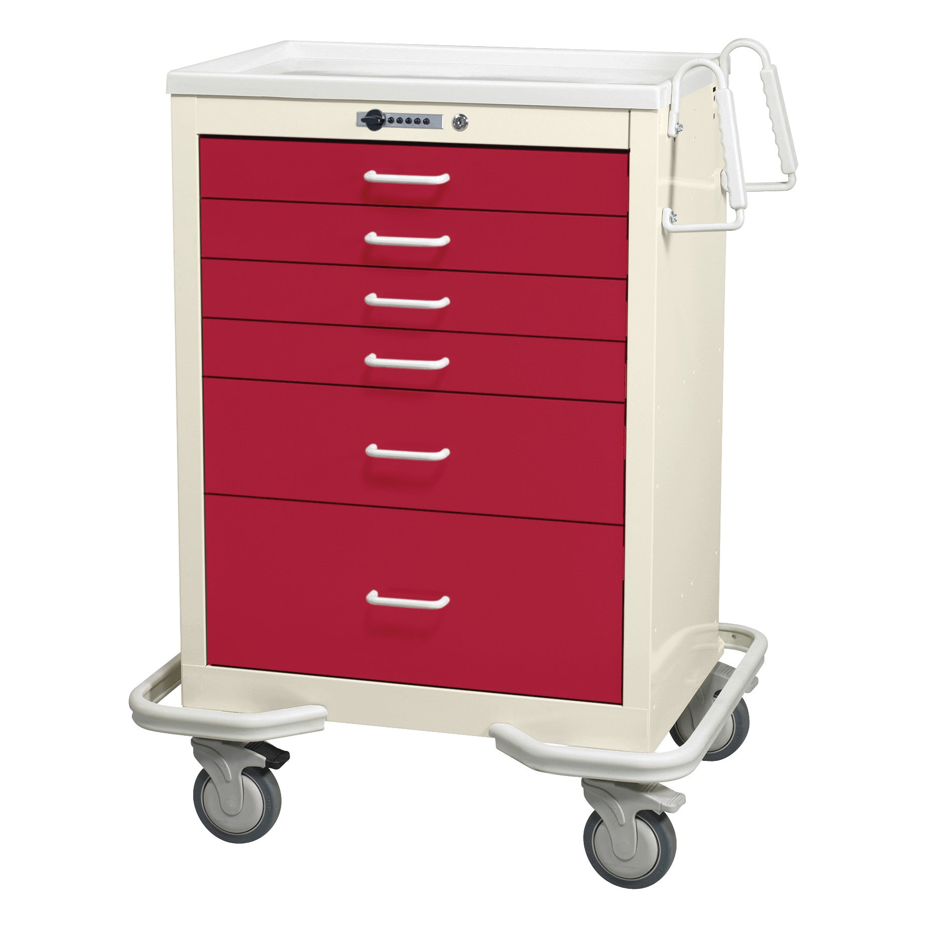 AliMed Standard Series 6-Drawer Anesthesia/Procedure Cart with Push-Button Lock, 27" Drawer Space, beige with red drawers, on wheels.