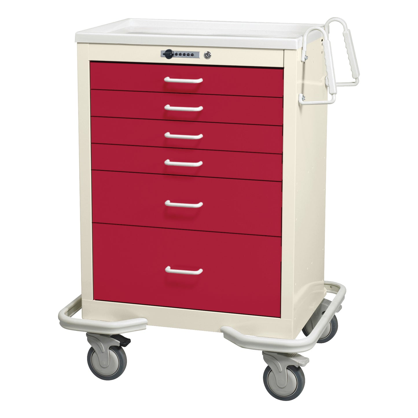 AliMed Standard Series 6-Drawer Anesthesia/Procedure Cart with Push-Button Lock, 27" Drawer Space, beige with red drawers, on wheels.