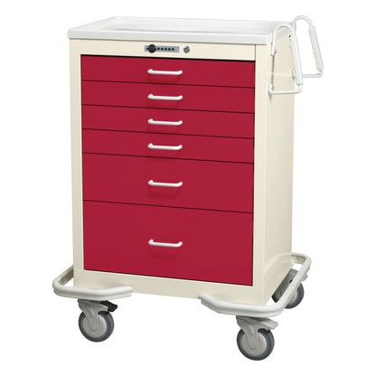 AliMed Standard Series 6-Drawer Anesthesia/Procedure Cart with Push-Button Lock, 27" Drawer Space, beige with red drawers, on wheels.