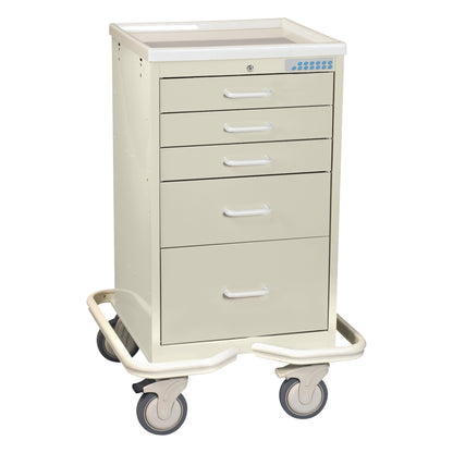 AliMed Mini Series 5-Drawer Anesthesia/Procedure Tower Cart with Electronic Lock features wheels and handles for mobility.