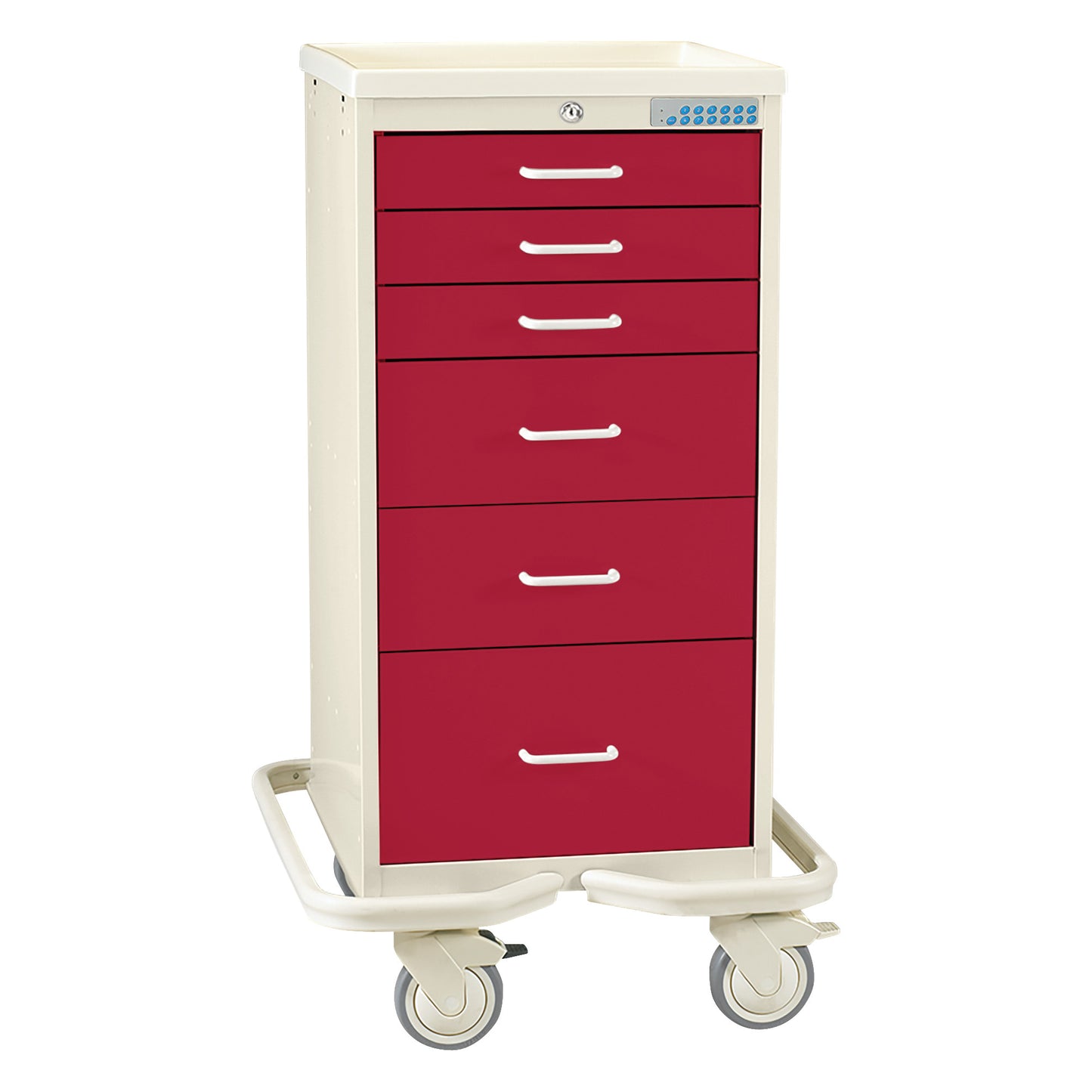 The AliMed Mini Series 6-Drawer Anesthesia/Procedure Tower Cart with Electronic Lock is shown, featuring red drawers and caster wheels.