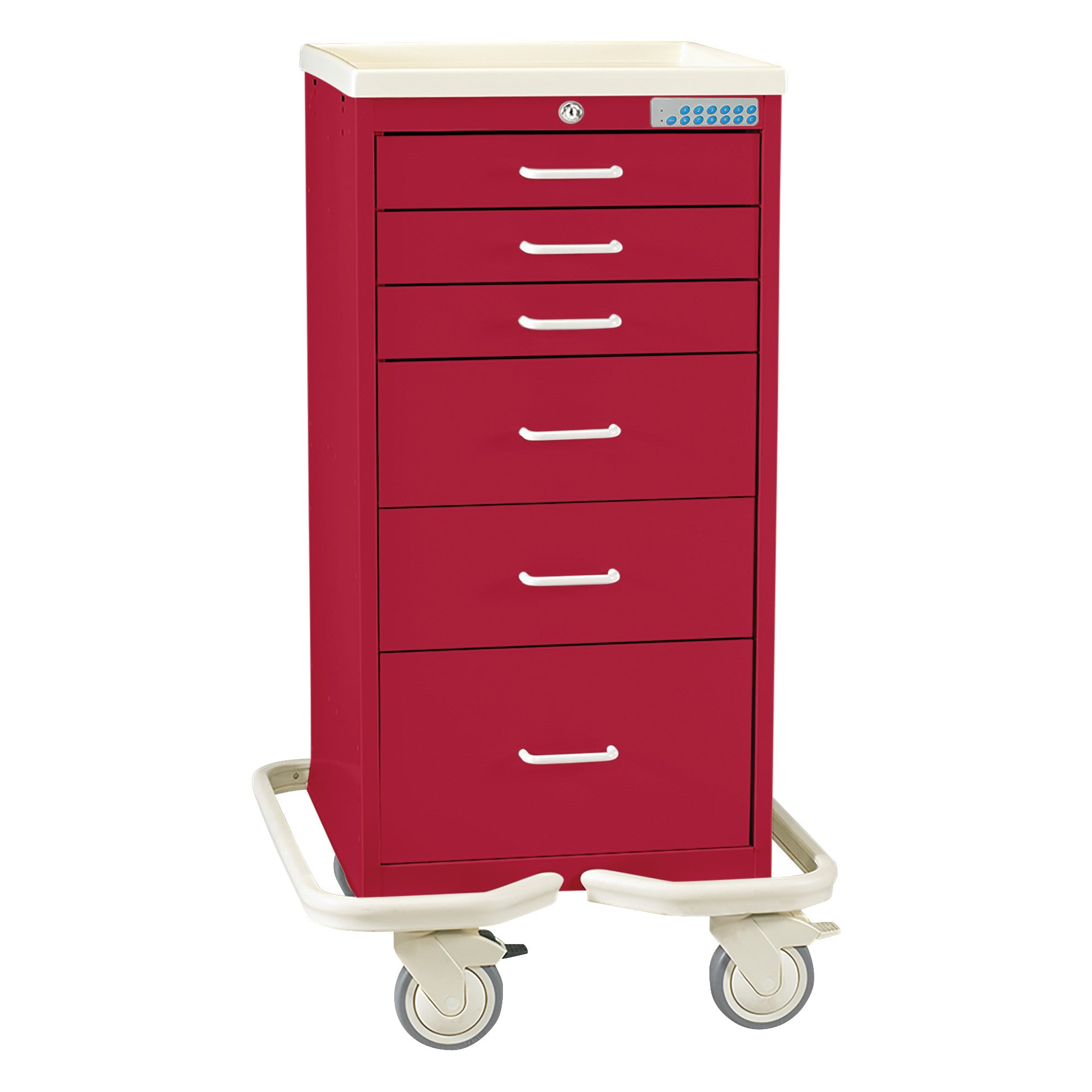 AliMed Mini Series 6-Drawer Anesthesia/Procedure Tower Cart with Electronic Lock, in red, features six drawers and swivel casters.
