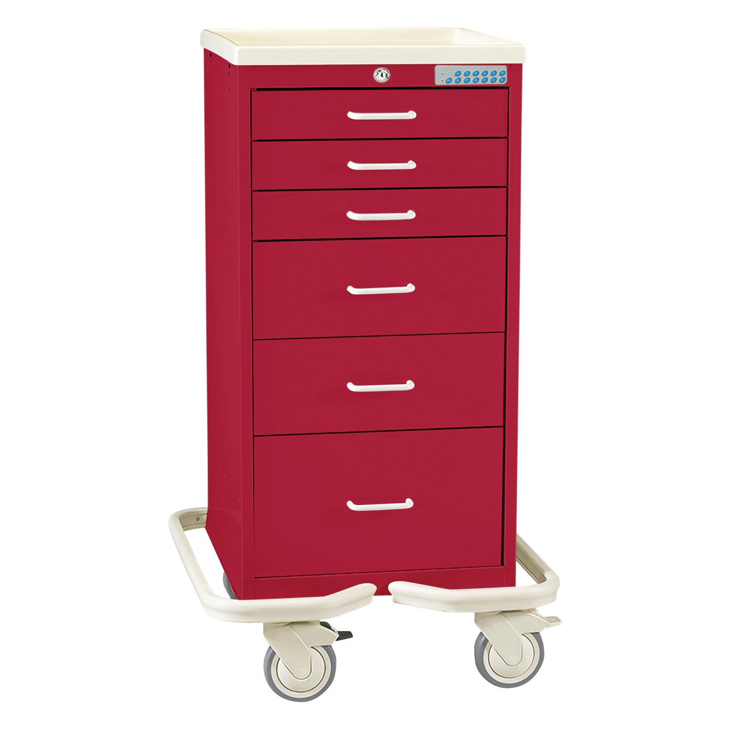 AliMed Mini Series 6-Drawer Anesthesia/Procedure Tower Cart with Electronic Lock, in red, features six drawers and swivel casters.
