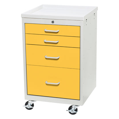 AliMed Mini Series 4-Drawer Anesthesia/Procedure Cart with Key Lock, featuring a yellow front, four drawers, and locking wheels.