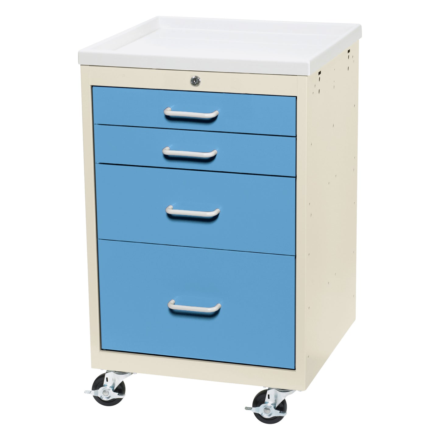 AliMed Mini Series 4-Drawer Anesthesia/Procedure Cart with Key Lock features blue drawers, a beige body, and four caster wheels.