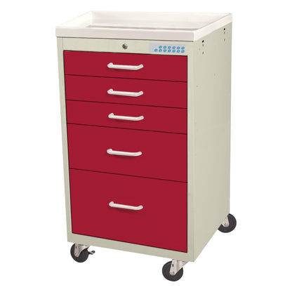 AliMed Mini Series 5-Drawer Anesthesia/Procedure Cart with Electronic Lock features a red body, white top, and wheels for mobility.