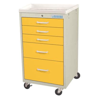 The AliMed Mini Series 5-Drawer Anesthesia/Procedure Cart with Electronic Lock is yellow with five drawers and four wheels.