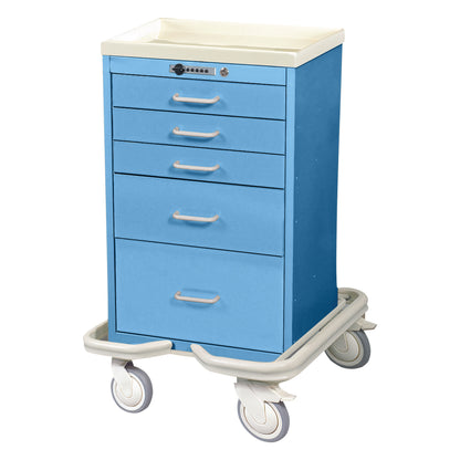 AliMed Mini Series 5-Drawer Anesthesia/Procedure Tower Cart with push-button lock, featuring a blue design and caster wheels.