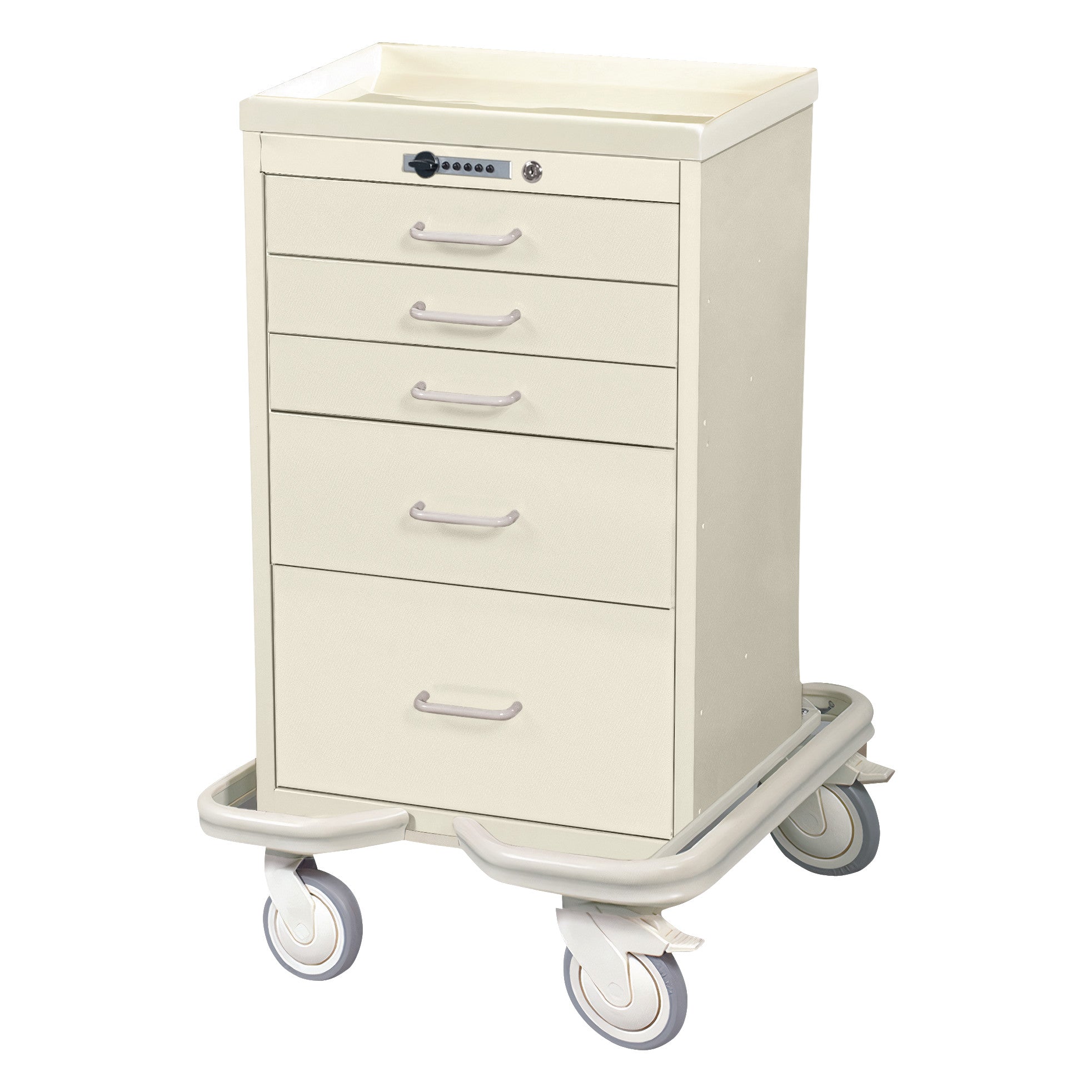 AliMed Mini Series 5-Drawer Anesthesia/Procedure Tower Cart with Push-Button Lock features five drawers and large caster wheels.