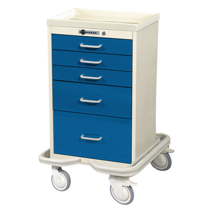 AliMed Mini Series 5-Drawer Anesthesia/Procedure Tower Cart with Push-Button Lock, featuring blue drawers and large wheels.