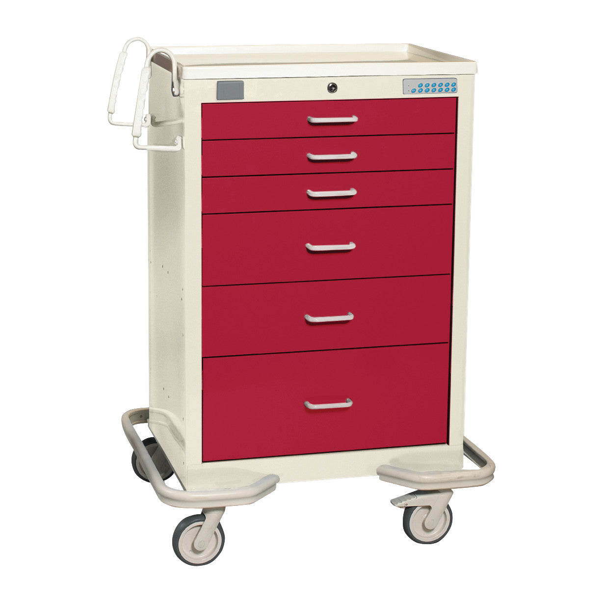 AliMed Standard Series 6-Drawer Anesthesia/Procedure Cart with Proximity Lock in red, featuring six drawers and swivel casters.