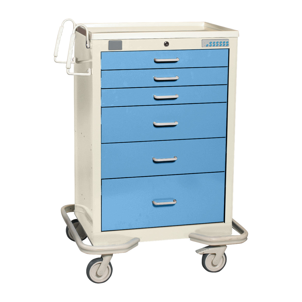 AliMed Standard Series 6-Drawer Anesthesia/Procedure Cart with Proximity Lock, 30" Drawer Space, featuring blue drawers and wheels.