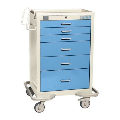 AliMed Standard Series 6-Drawer Anesthesia/Procedure Cart with Proximity Lock, 30" Drawer Space, featuring blue drawers and wheels.