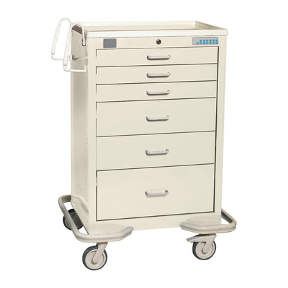 A beige AliMed Standard Series 6-Drawer Anesthesia/Procedure Cart with Proximity Lock, 30" Drawer Space, featuring wheels and handles.