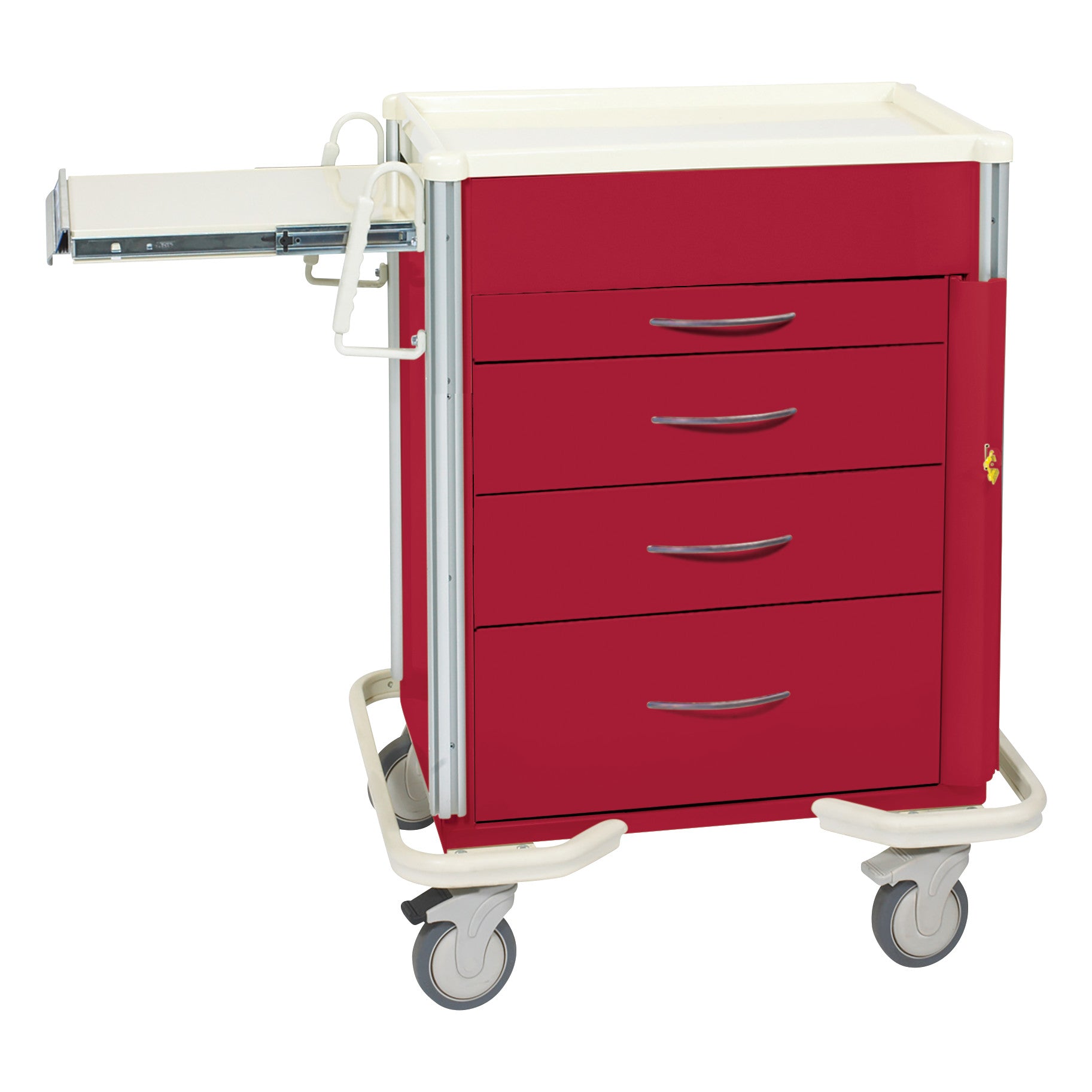 Red AliMed Select Series 4-Drawer Emergency Cart with one drawer open, featuring four drawers and mounted on four wheels.