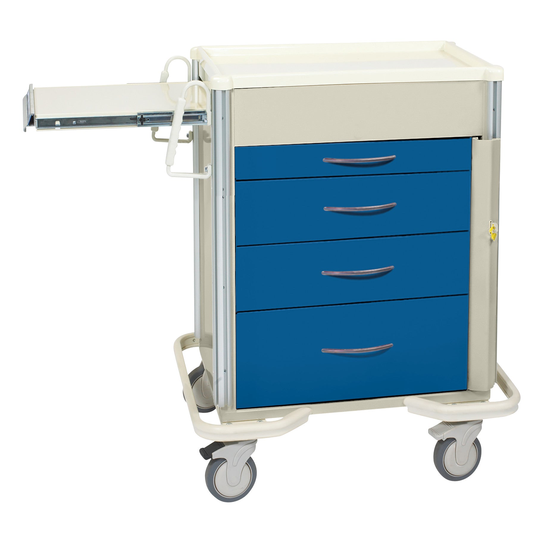 AliMed Select Series 4-Drawer Emergency Cart with blue drawers, a side extension, and wheels for mobility.