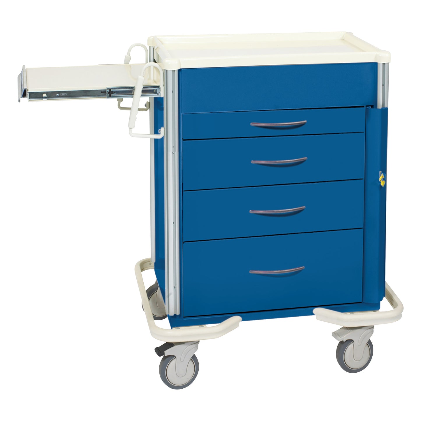 AliMed Select Series 4-Drawer Emergency Cart with a blue body, four drawers, and wheels, featuring a side pull-out shelf.
