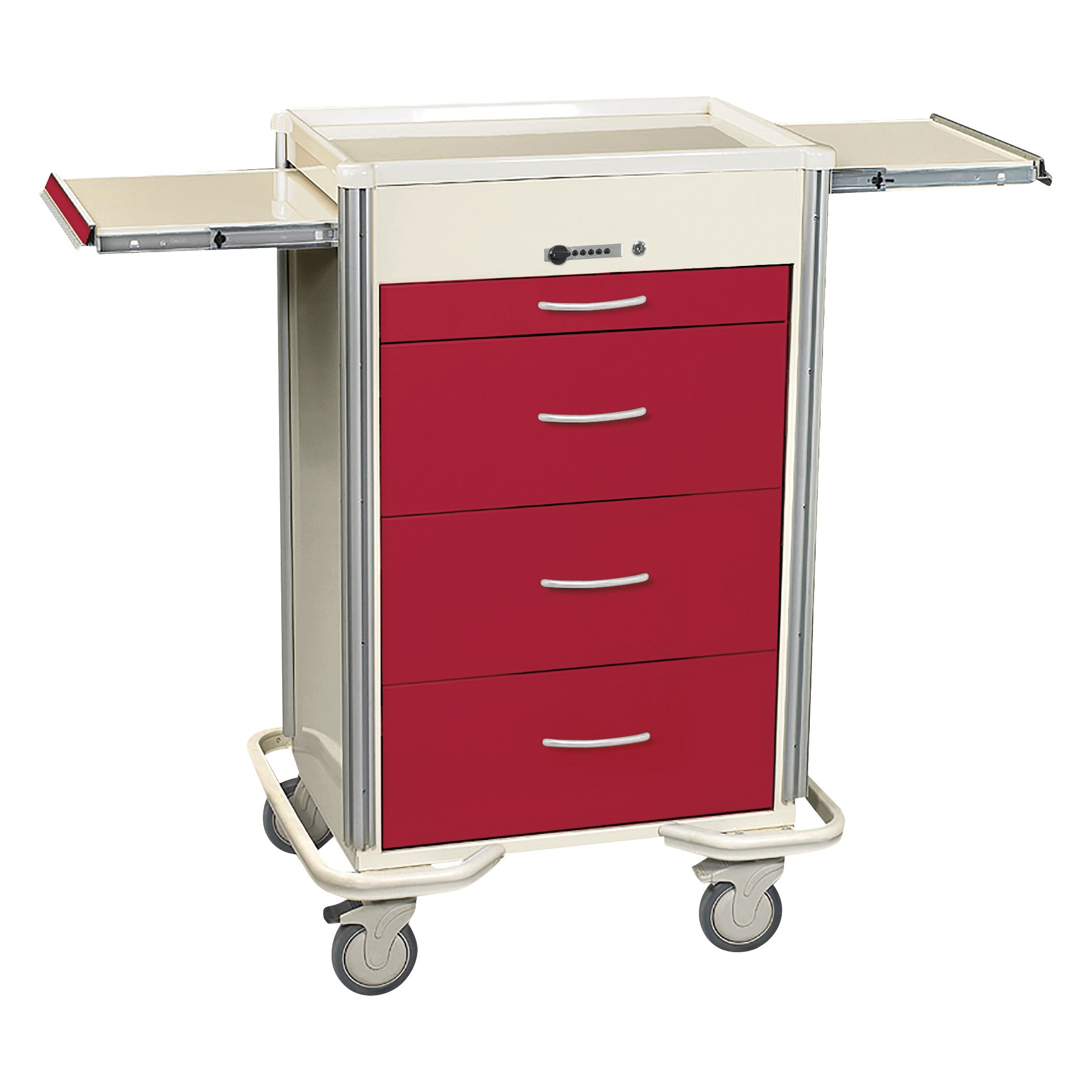 AliMed Select Series 4-Drawer Isolation Cart with Push-Button Lock features red drawers, sliding shelves, and caster wheels.