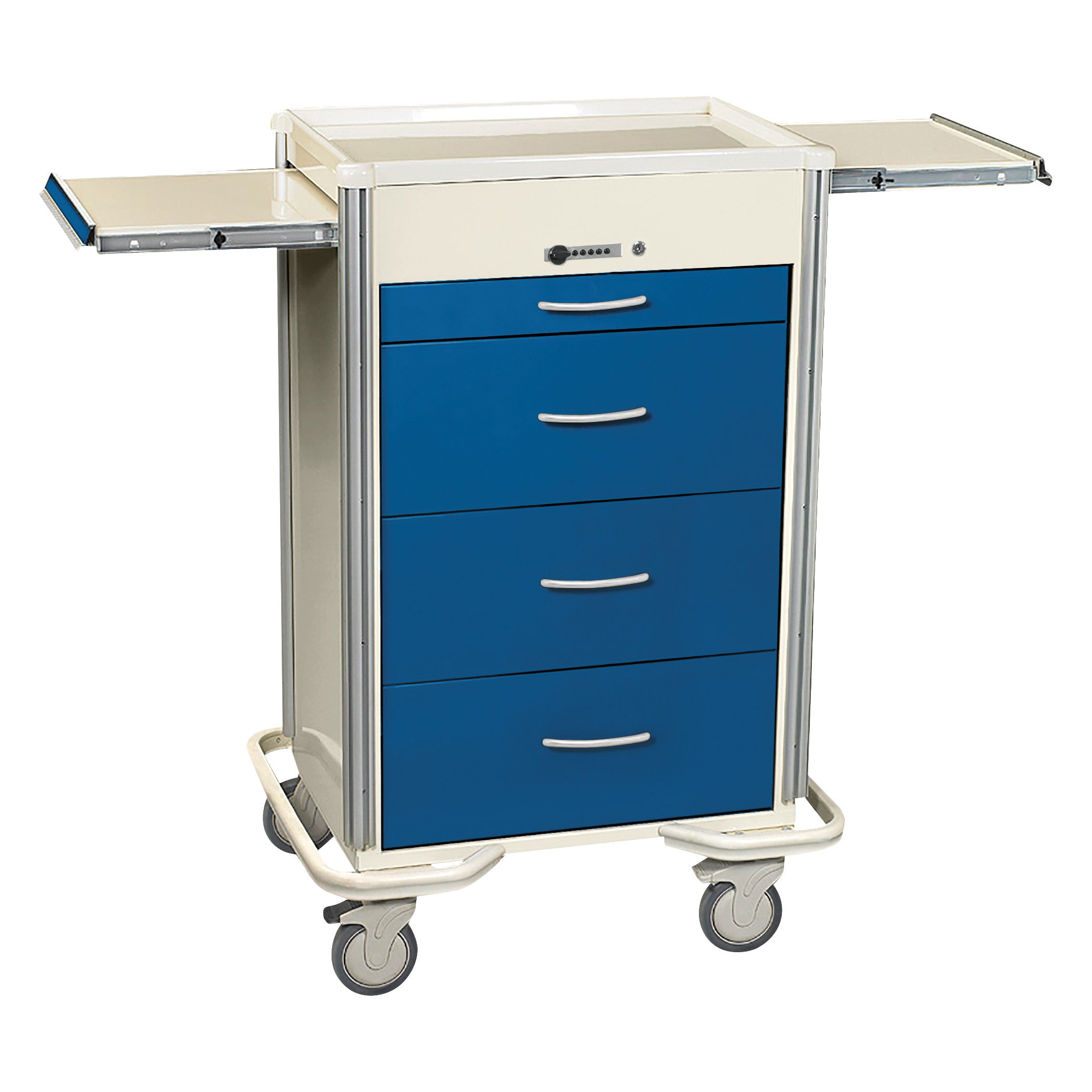 AliMed Select Series 4-Drawer Isolation Cart with Push-Button Lock, featuring blue drawers and pull-out side trays on casters.