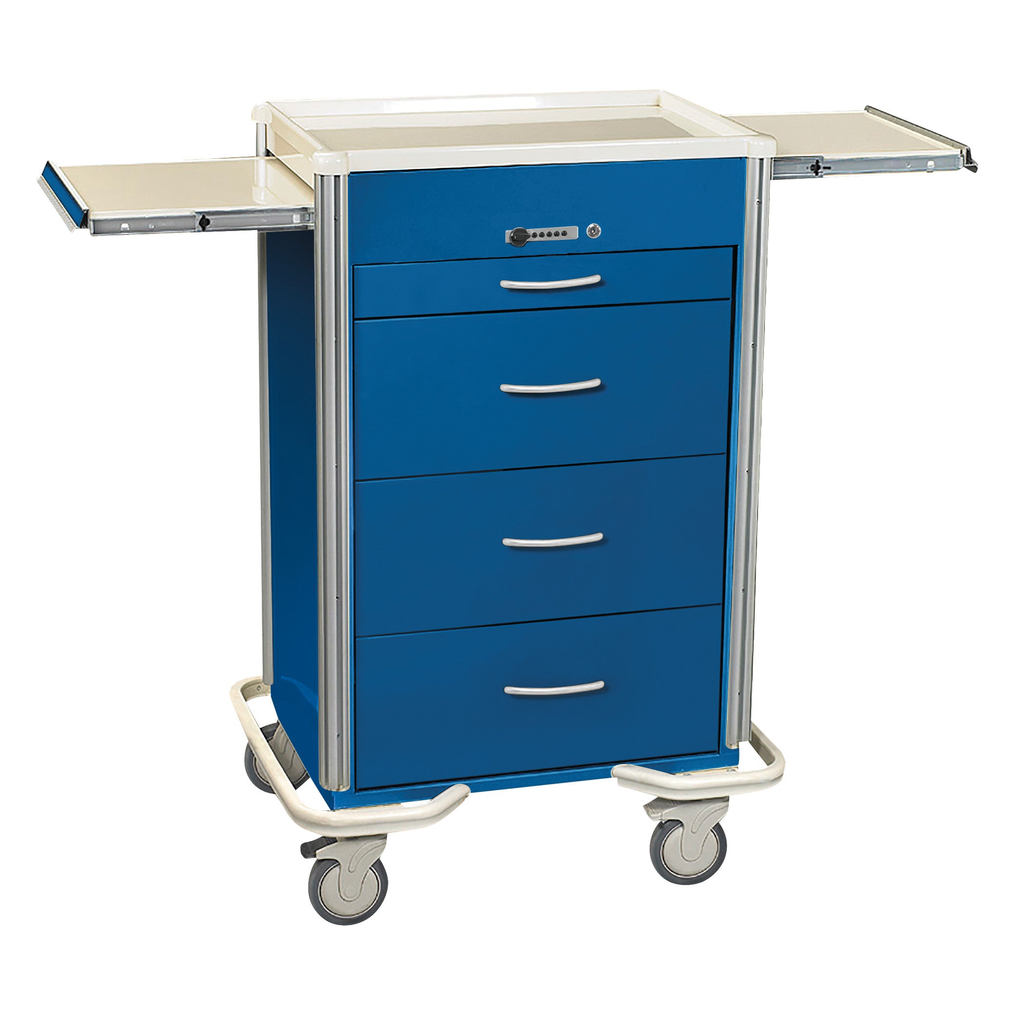 The AliMed Select Series 4-Drawer Isolation Cart with Push-Button Lock is blue with four drawers, side trays, and wheels for mobility.