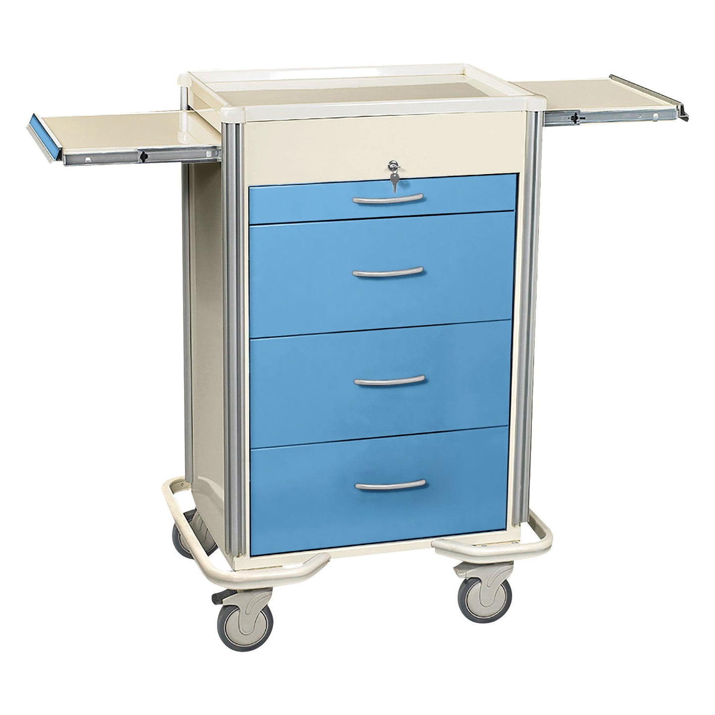 AliMed Select Series 4-Drawer Isolation Cart with Key Lock, featuring a beige frame, blue drawers, a key lock, and rolling wheels.