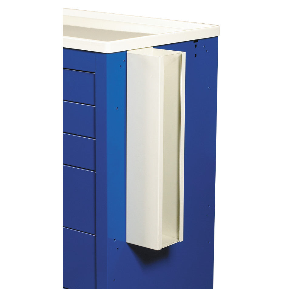 A white AliMed Cart Accessory: Catheter Holder attached to the side of a blue medical cart, designed for Select/Standard/Wide Series Carts.