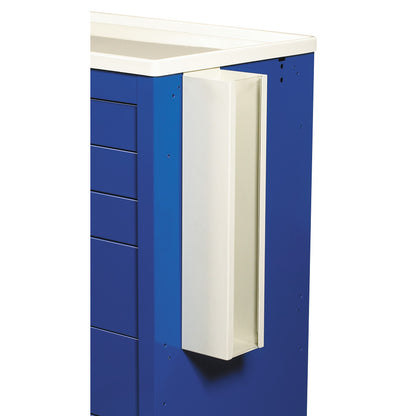 A white AliMed Cart Accessory: Catheter Holder attached to the side of a blue medical cart, designed for Select/Standard/Wide Series Carts.