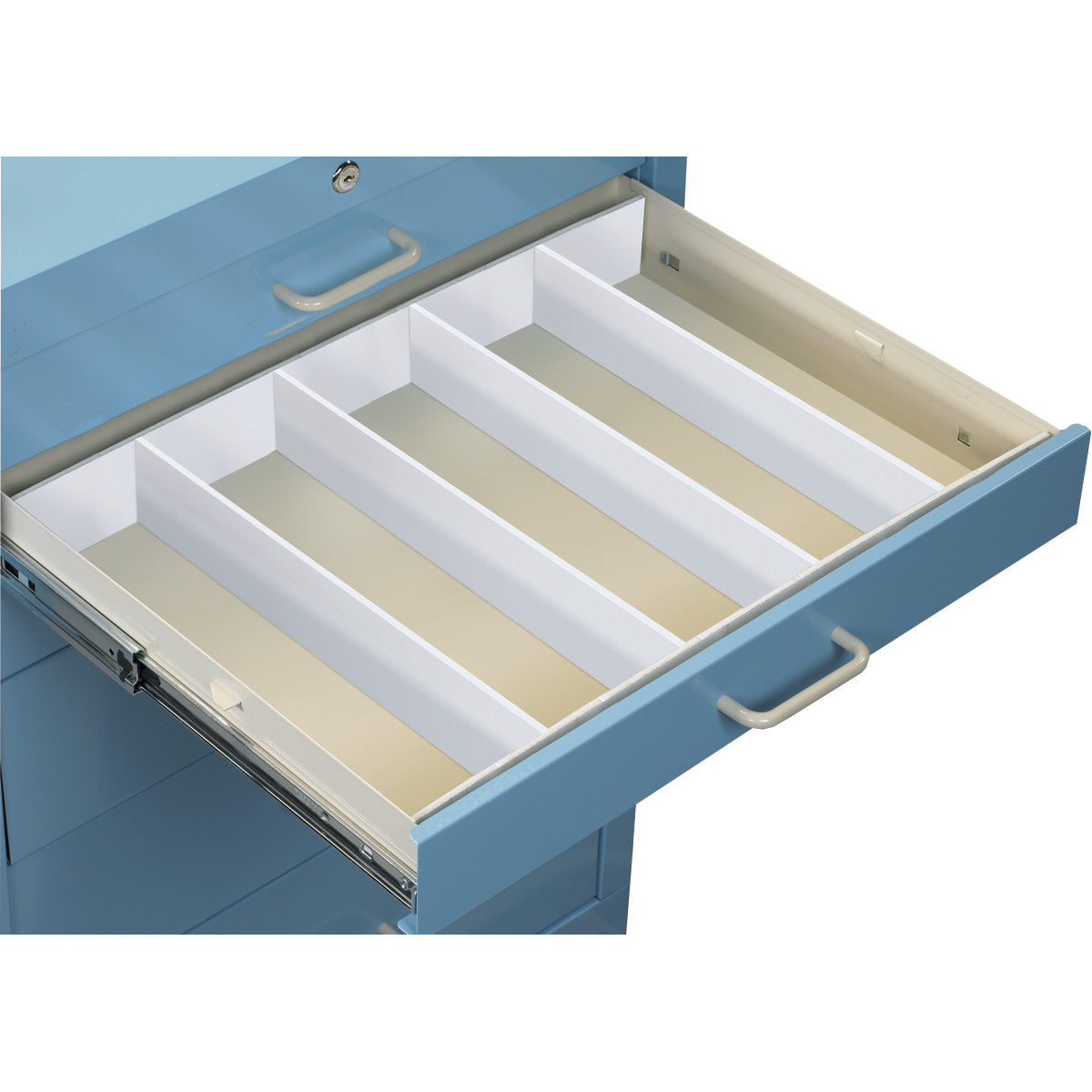 A blue medical cart with an open drawer featuring the AliMed Cart Accessory: Drawer Divider Set for organized storage.