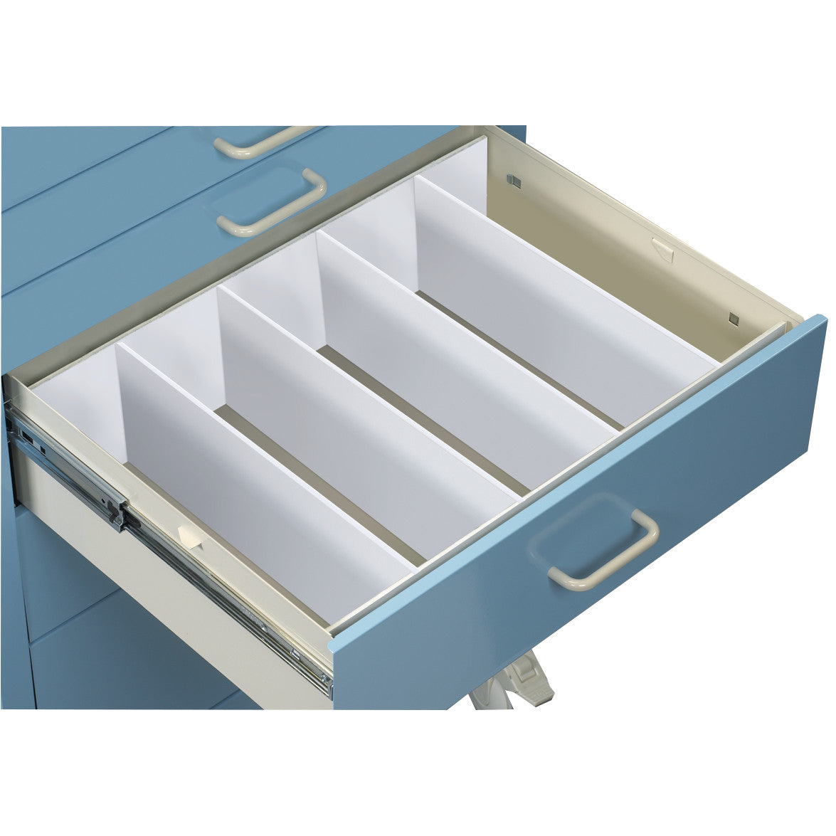 Open blue drawer with AliMed Cart Accessory: Drawer Divider Set for Mini/Select/Standard/Wide Series Medical Carts, featuring four compartments.