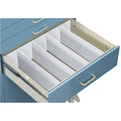 Open blue drawer with AliMed Cart Accessory: Drawer Divider Set for Mini/Select/Standard/Wide Series Medical Carts, featuring four compartments.