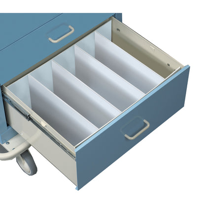 AliMed Cart Accessory: Drawer Divider Set installed in a blue medical cart drawer, divided into five sections, with wheels visible.
