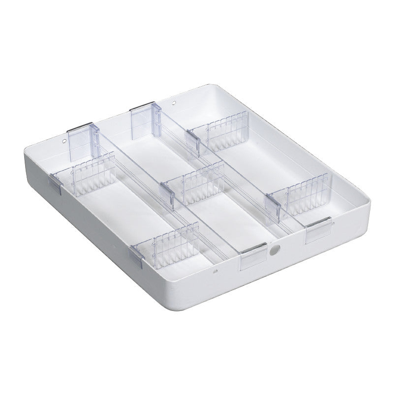 AliMed Cart Accessory: Full Drawer Tray Kit for 3"H Drawers for Mini Series Medical Carts, featuring a white tray with adjustable dividers.