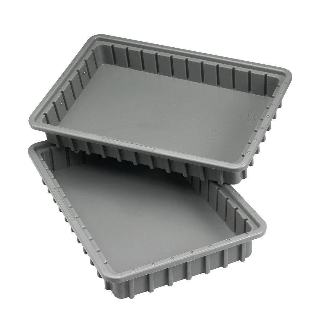 Two gray plastic trays, labeled as AliMed Cart Accessory: Drawer Tray Only for Select/Standard/Wide Series Medical Carts, stacked together.