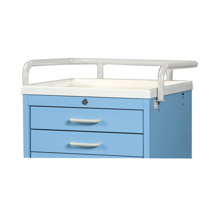 AliMed Cart Accessory: Tubular Rail for Select/Standard/Mini Series Medical Carts, featuring a light blue cart with a white top and handles.