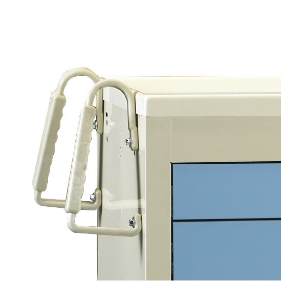 AliMed Cart Accessory: Twin Poly Push Handles attached to the side of a medical cart with blue drawers.