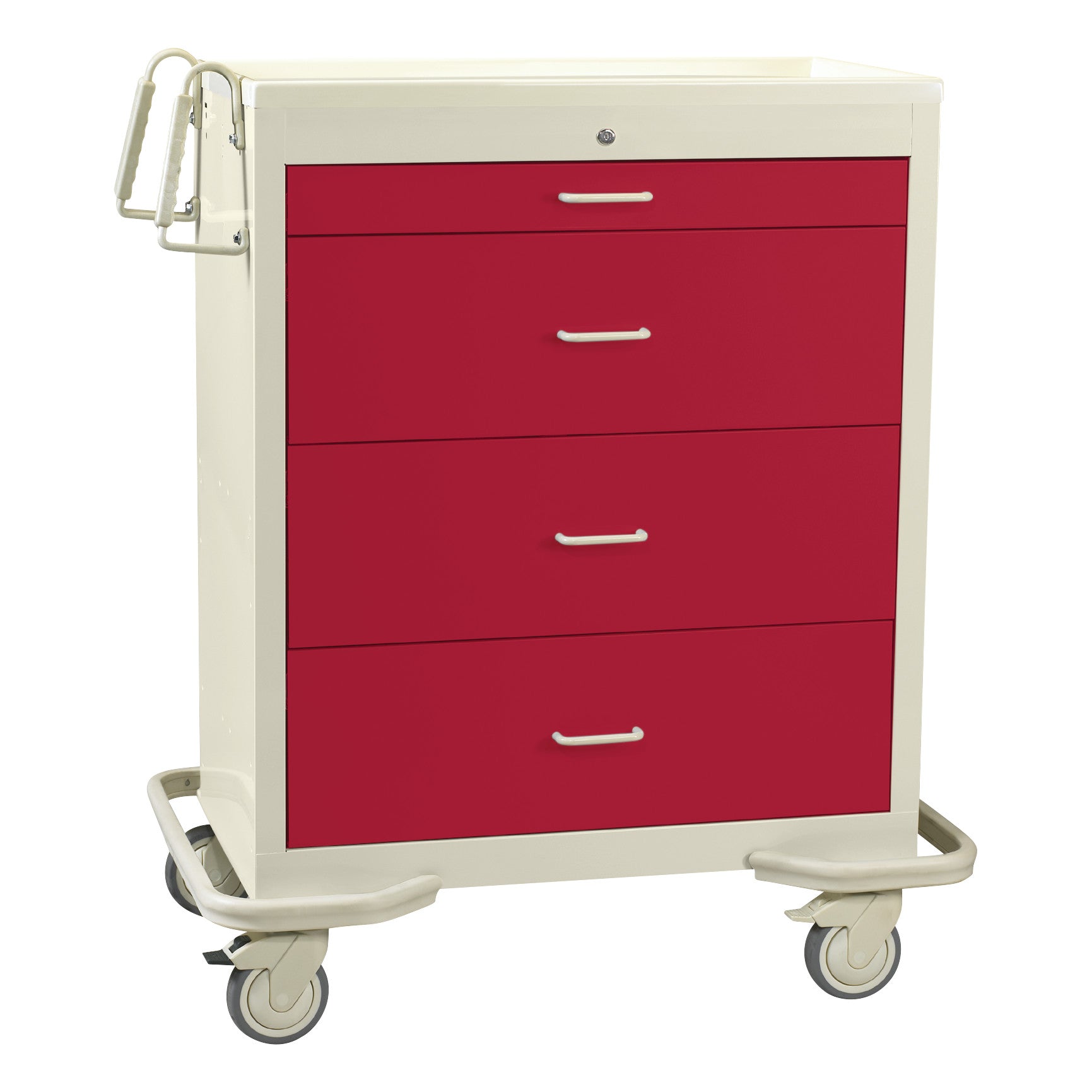 AliMed Wide Series 4-Drawer Isolation Cart with Electronic Lock, featuring red drawers, handles, and swivel casters for mobility.