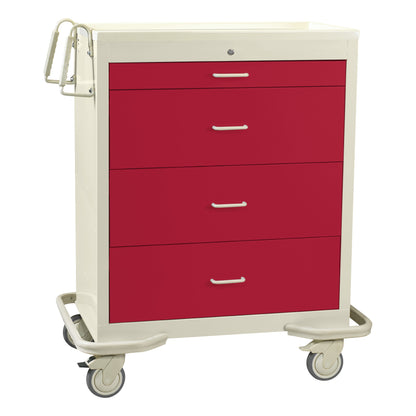 AliMed Wide Series 4-Drawer Isolation Cart with Electronic Lock, featuring red drawers, handles, and swivel casters for mobility.