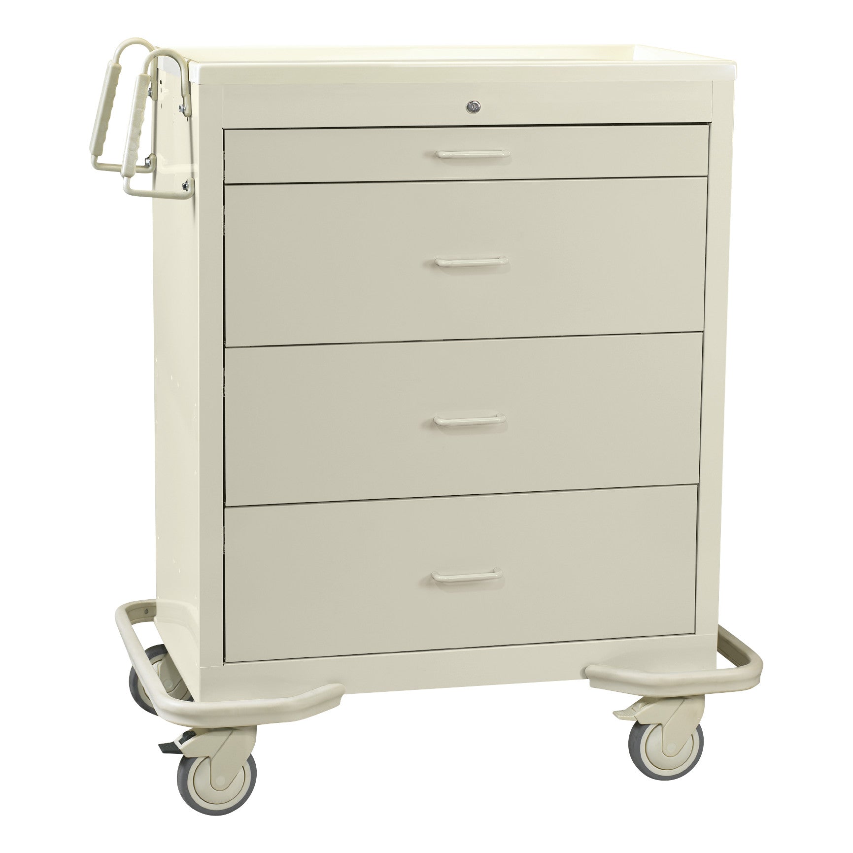 AliMed Wide Series 4-Drawer Isolation Cart with Electronic Lock, featuring four drawers and wheels for mobility, in a neutral color.