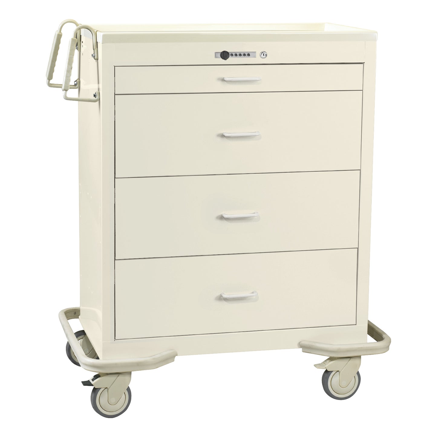 AliMed Wide Series 4-Drawer Isolation Cart with Push-Button Lock features a beige design, four drawers, and sturdy wheels.