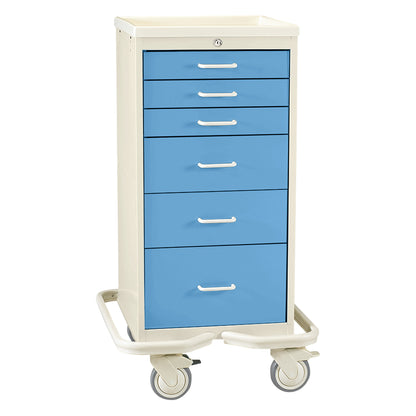 AliMed Mini Series 6-Drawer Anesthesia/Procedure Tower Cart with Key Lock featuring blue drawers and caster wheels for mobility.