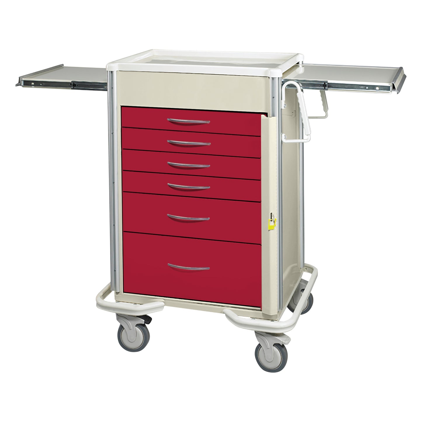AliMed Select Series 6-Drawer Emergency Cart with 27" Drawer Space, featuring red drawers, slide-out trays, and caster wheels.
