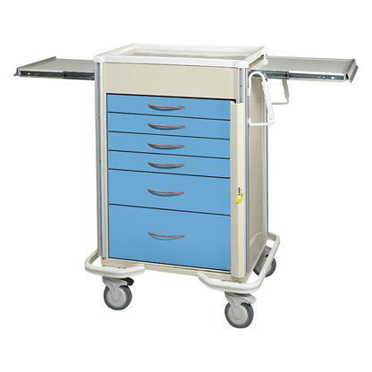 The AliMed Select Series 6-Drawer Emergency Cart, 27" Drawer Space, features blue drawers, fold-out shelves, and wheels for mobility.