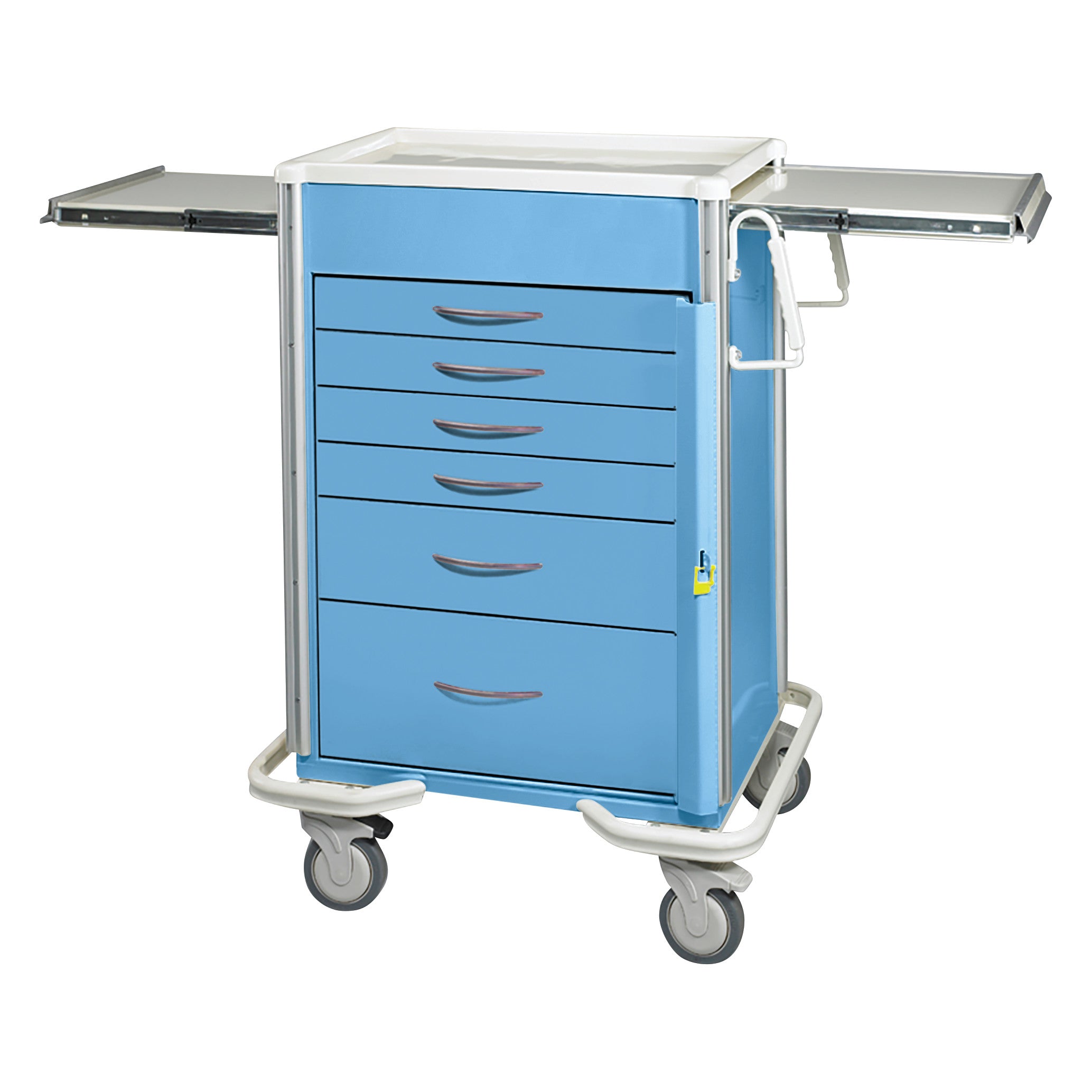 The AliMed Select Series 6-Drawer Emergency Cart, 27" Drawer Space, is blue with casters and sliding side trays for medical supplies.