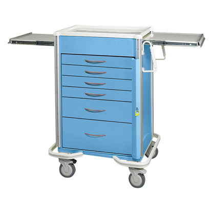 The AliMed Select Series 6-Drawer Emergency Cart, 27" Drawer Space, is blue with casters and sliding side trays for medical supplies.