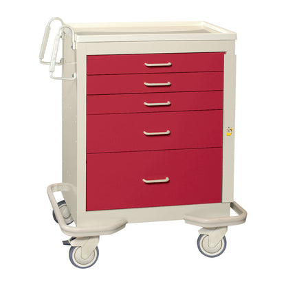 AliMed Standard Series 5-Drawer Emergency Cart with a beige frame and red drawers, featuring four wheels and a side handle.
