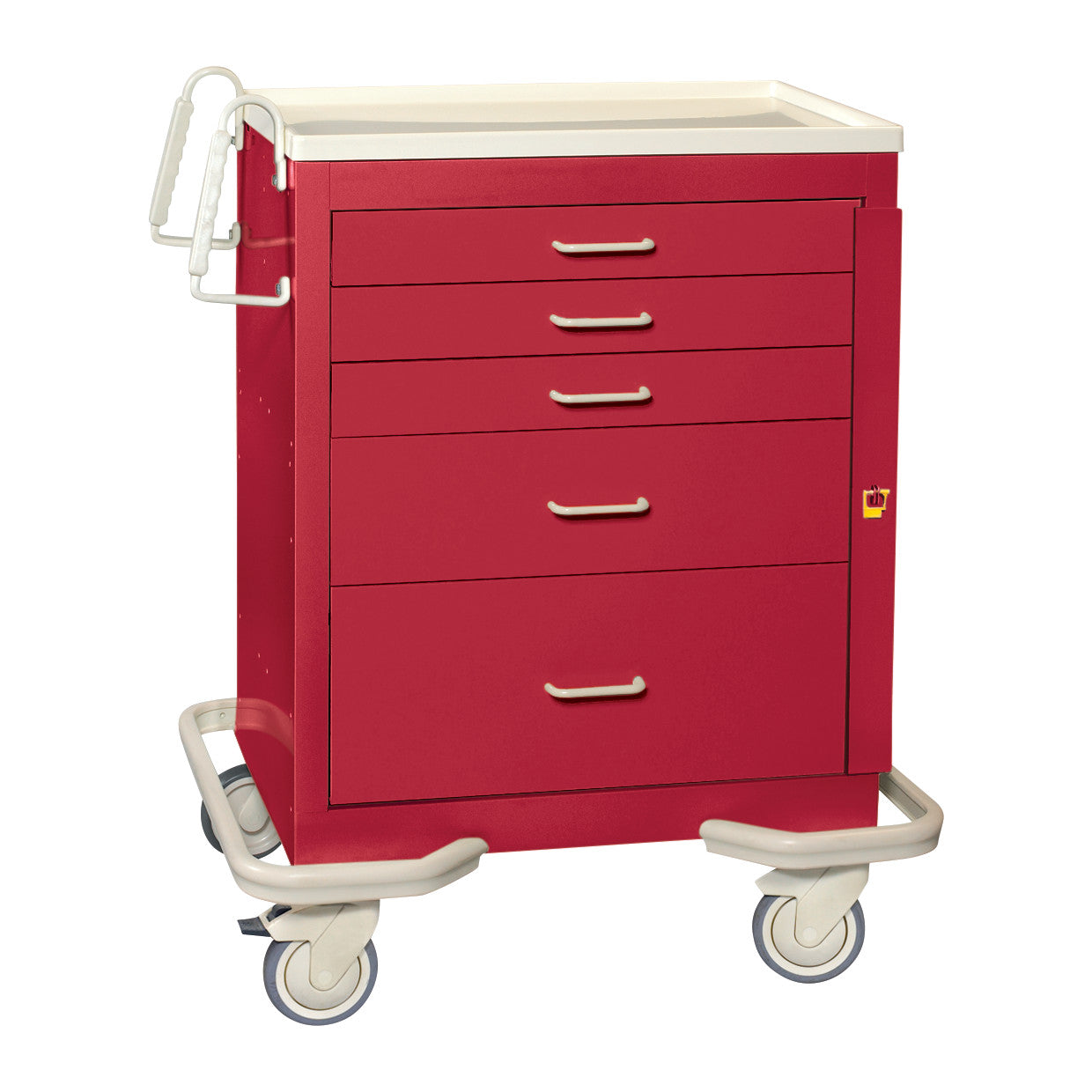 A red AliMed Standard Series 5-Drawer Emergency Cart with silver handles, four wheels, and a side handle for mobility.