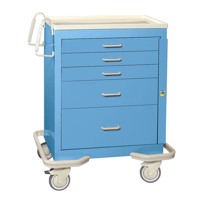 AliMed Standard Series 5-Drawer Emergency Cart in blue with five drawers, a shelf on top, and four wheels for mobility.