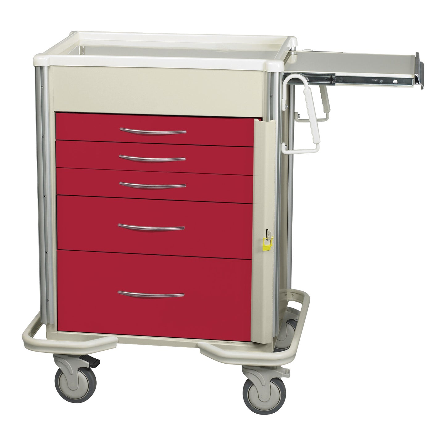 AliMed Select Series 5-Drawer Emergency Cart in beige and red, featuring five drawers, wheels, and a slide-out work surface.
