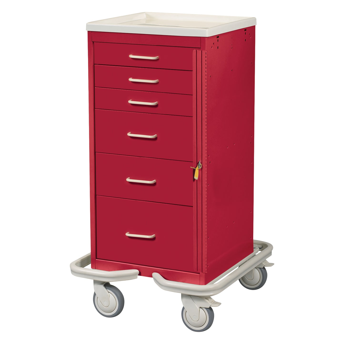 The AliMed Mini Series 6-Drawer Emergency Tower Cart is red with six drawers, a white top, and four wheels for mobility.