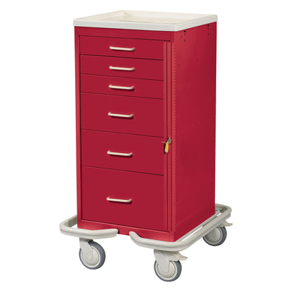 The AliMed Mini Series 6-Drawer Emergency Tower Cart is red with six drawers, a white top, and four wheels for mobility.